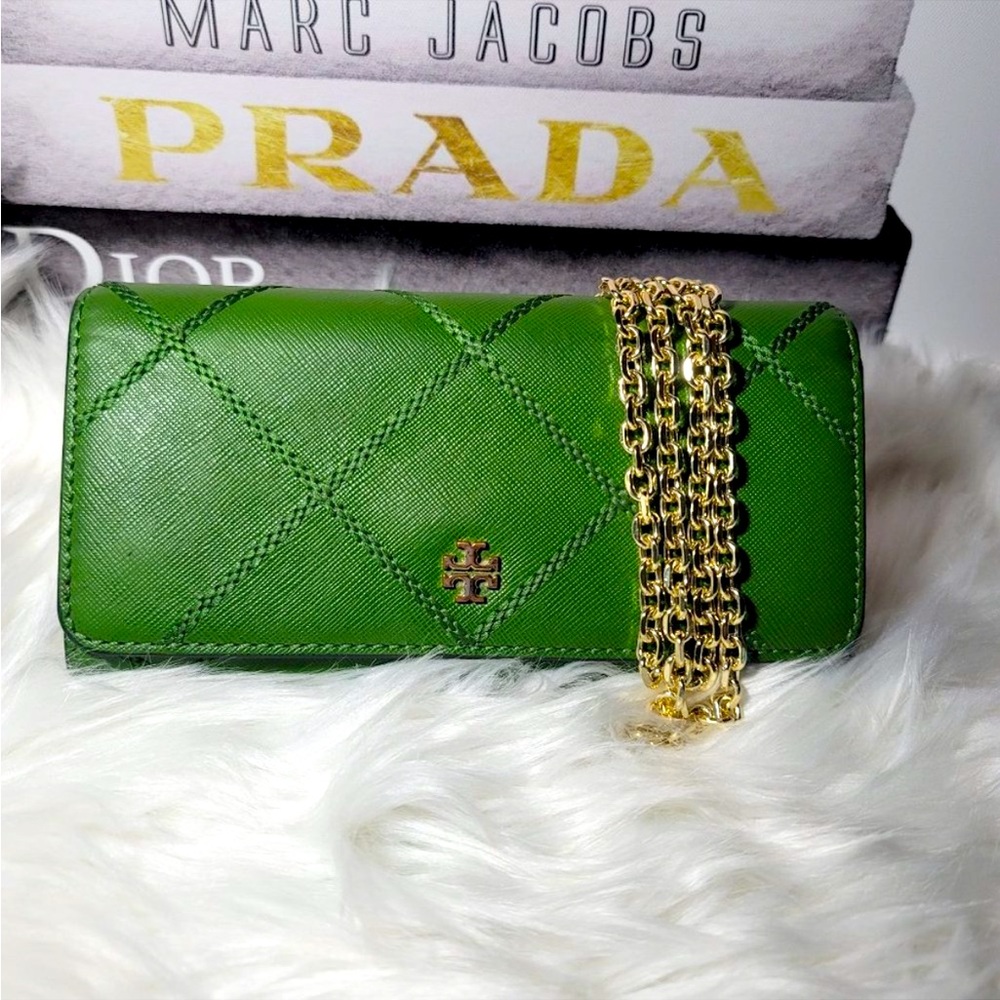 Authentic Tory Burch Diamond Stitch Long Wallet w/ Crossbody Chain and Insert